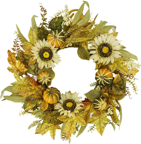 Vista 11 de YNYLCHMX - Corona de otoño de 20 pulgadas para puerta delantera, eucalipto y decoración de sorgo Hojas de eucalipto artificiales y sorgo
