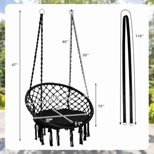 Vista 4 de Tangkula Silla hamaca con cojín, estilo bohemio de macramé con kit de accesorios para colgar y correa, columpio de cuerda colgante para interiores