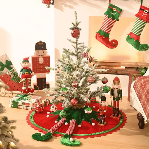 Vista 2 de Valery Madelyn Falda de Árbol de Navidad de Elfo para Decoraciones de Árbol, 36 Pulgadas de Tela Encantadora Roja Verde Pequeña Falda de Árbol