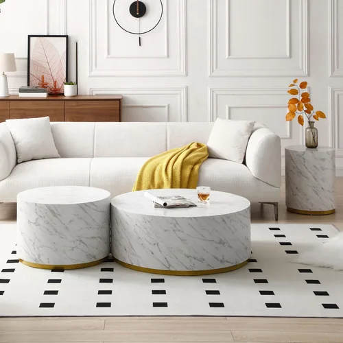 Vista 4 de Mesa auxiliar con borde dorado inferior para sala de estar, moderna mesa de centro redonda dorada o mesa auxiliar, mesa de sofá circular