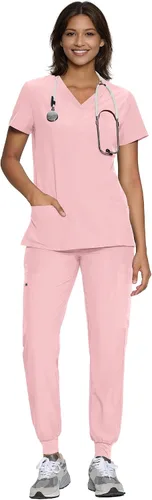 Vista 6 de floralhue Conjunto de ropa quirúrgica para mujer con cuello en V y Rosa rosado
