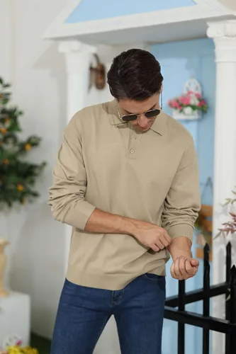 Vista 3 de Polo de punto casual para hombre, camisa clásica de manga larga, térmica, básica, con botones