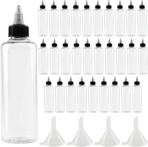 Vista 9 de 64 botellas de plástico de 4 onzas, botellas dispensadoras redondas con tapa superior giratoria para manualidades, cocina, hogar, transparente