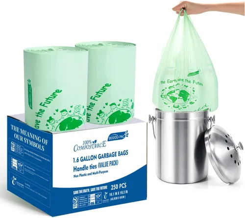 Vista 12 de BEIDOU-PAC Bolsas de basura compostables certificadas de 1.6 galones con asa, 125 bolsas de basura pequeñas de compost para cocina, bolsas de basura
