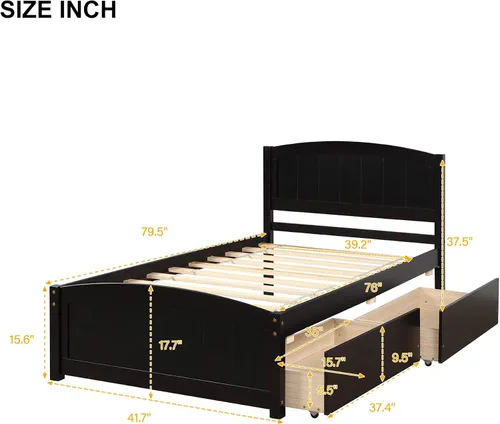 Vista 2 de Harper & Bright Designs Base de cama individual, plataforma de madera con dos cajones, cabecero, estribo y soporte de listones de madera (expreso)