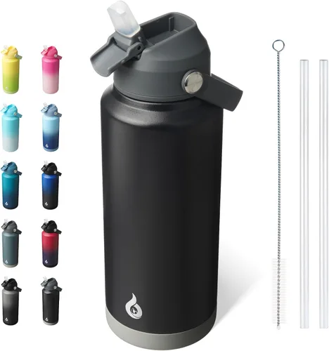 Vista 38 de BJPKPK - Botella de agua aislada con tapa de popote, 532 ml Botellas termo con boquilla suave, asa flexible y base antideslizante, libre de BPA, a