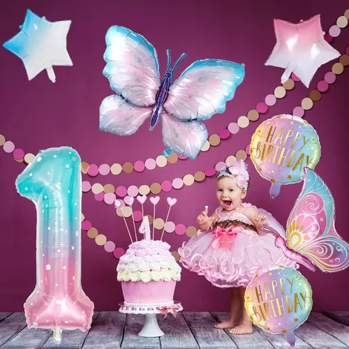 Vista 5 de Decoraciones de cumpleaños de mariposa, globos de mariposa, decoraciones de fiesta de primer cumpleaños para niñas, números de fantasía, 1 globo