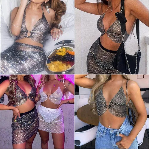Vista 4 de Camiseta corta sin espalda con diamantes de imitación brillantes para mujer, sexy, halter, transparente, para salir por la noche, fiesta, club