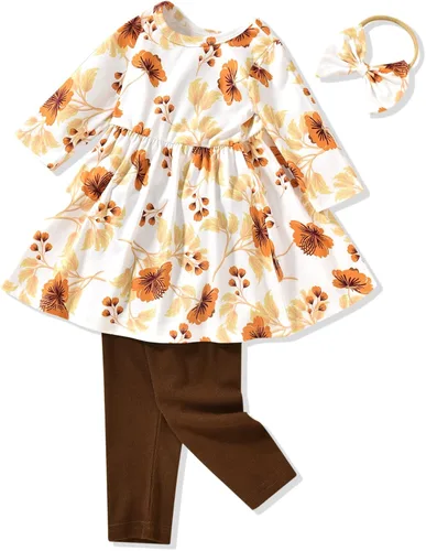 Vista 23 de Aalizzwell Conjunto de túnica floral para niñas pequeñas para otoño e invierno Naranja