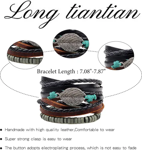 Vista 5 de Long tiantian Pulsera de cuero para hombres y mujeres, pulseras étnicas tribales, pulseras de cuero, ajustables, hechas a mano, cuerda trenzada