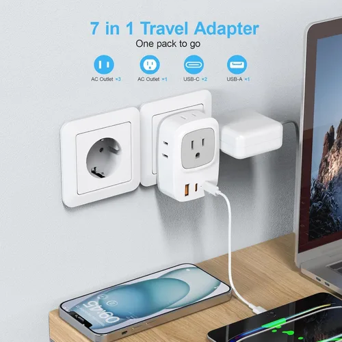 Vista 2 de Paquete de 2 adaptadores de enchufe de viaje europeos, adaptador de corriente 7 en 1 Brasil, 4 salidas de CA con 3 puertos de carga USB, adaptador