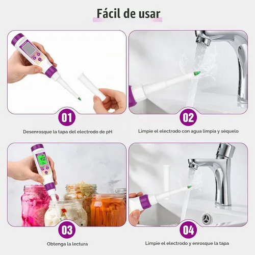 Vista 6 de Medidor de pH Digital Electrónico para Alimentos Probador de pH para Fermentación Kits de Solución de Calibración de Tampón de pH de 3*50ml Sonda