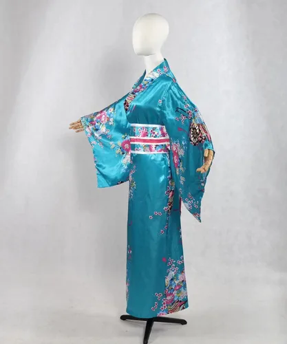 Vista 3 de Disfraz de kimono japonés para mujer, bata tradicional de geisha, bata de baño con estampado de anime, pijama de estilo largo (azul)