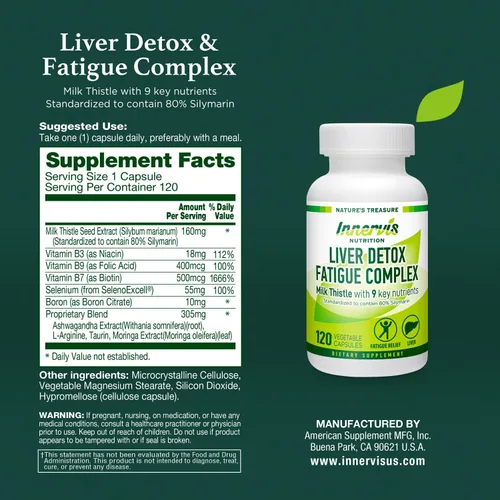 Vista 5 de Desintoxicación hepática y apoyo energético: cardo mariano + 9 ingredientes clave, metabolismo y salud hepática, 120 cápsulas vegetales Innervis