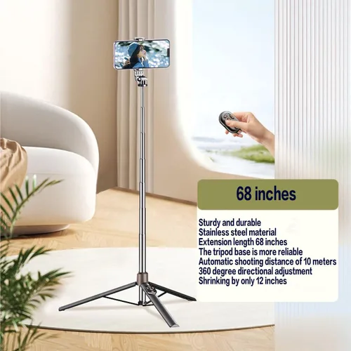Vista 2 de Trípode de teléfono de 67 pulgadas y trípode de viaje para selfies de iPhone, con soporte para teléfono, rotación de 360°, palo selfie extensible