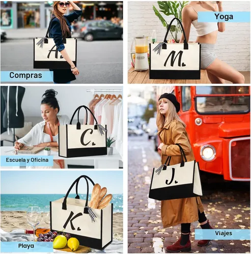 Vista 6 de shenee Initial Canvas Tote Bag, Personalized Beach Bags Gift for Women