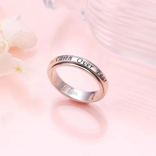 Vista 3 de Anillo de plata de ley 925 con texto en inglés God Jewelry grabado con texto en inglés Faith Over Fear Heart Cross, regalo religioso para mujeres