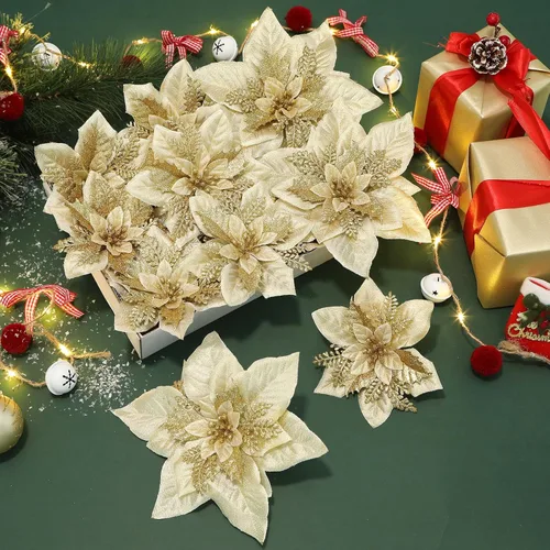 Vista 10 de Alupssuc 24 PCS Flores de Pascua Navideñas Negras Artificiales con Purpurina, Decoraciones Navideñas para Árbol, Corona, Chimenea, Flores de Pascua