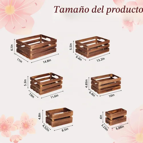 Vista 2 de Juego de 6 cajas decorativas de madera para exhibición, 6 tamaños, cestas de madera rústicas con asa para almacenamiento, contenedor, exhibición