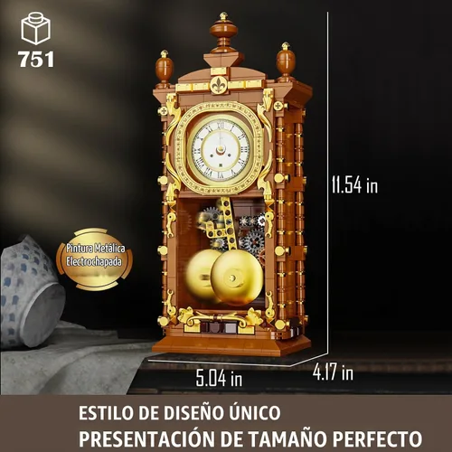 Vista 3 de Vziimo Juego de bloques de construcción de reloj retro, kit de modelo de reloj de péndulo vintage con reloj funcional real, juguetes de regalo