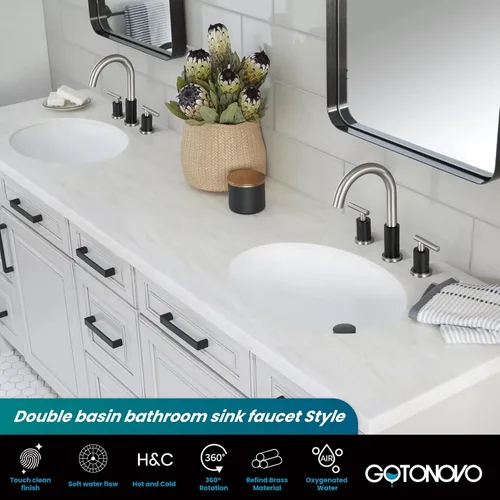 Vista 2 de gotonovo Grifo de Lavabo de Baño de 3 Orificios 2 Manijas con Desagüe Emergente con Válvulas Mezcladoras de Agua Caliente y Fría Grifo de Baño Negro