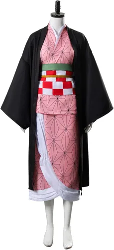 Vista 3 de Kamado Nezuko - Disfraz de anime Haori para mujeres y niñas con accesorios de bambú gratis