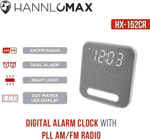 Vista 4 de HANNLOMAX Radio despertador HX-152CR, radio PLL AM/FM, reloj digital con alarma doble, luz nocturna. (gris)