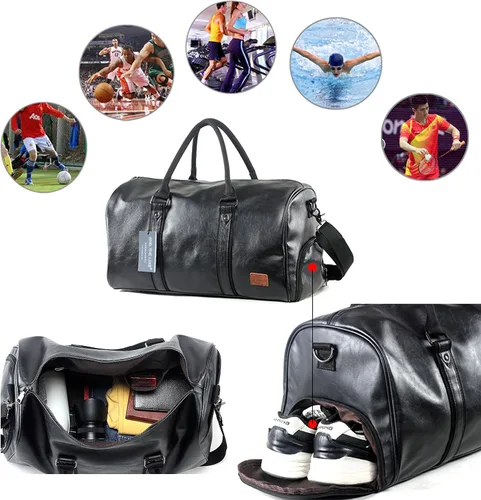 Vista 5 de Bolsa de viaje de cuero con bolsa para zapatos, bolsa impermeable para fin de semana, bolsa de lona de mano para hombres y mujeres, color negro