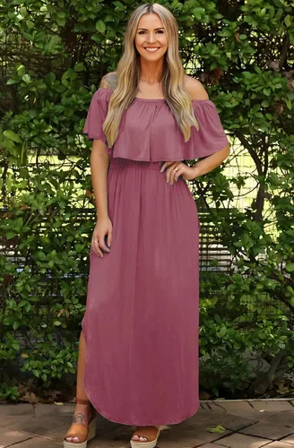 Vista 4 de Sarin Mathews - Vestido de fiesta para mujer, estilo casual largo hasta los tobillos, con volantes, hombros descubiertos, abertura lateral