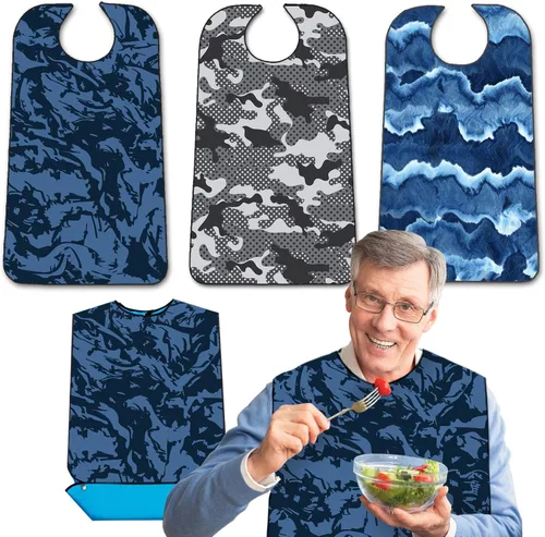 Vista 8 de Paquete de 3 baberos para adultos con recogedor de migas, baberos lavables y ajustables para adultos, para hombres mayores, baberos para comer