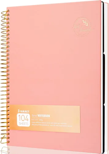 Vista 8 de FLYING EAGLE Cuaderno de 3 materias en espiral grande de 8.5 x 11 pulgadas, color rosa para mujeres y hombres, papel grueso de 100 GSM, 104 hojas