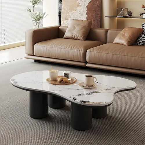 Vista 9 de Mesa de centro de nube de 48.4 pulgadas, parte superior de piedra sinterizada de travertino beige con patas de madera marrón, mesa central