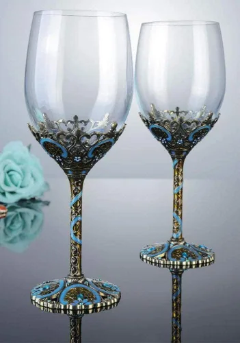 Vista 6 de Copas de vino transparentes hechas a mano, copas de vino tinto, juego de 2 Copas florales esmaltadas en azul, diseño artesanal, juego de 2