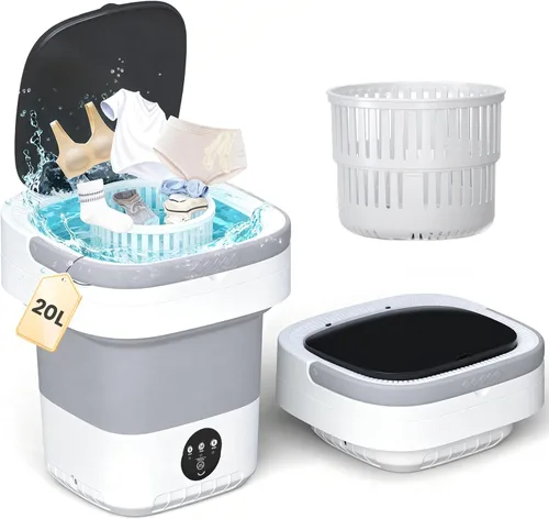 Vista 10 de Lavadora portátil de 20 litros, mini lavadora con cesta giratoria, 3 modos de limpieza y lavado profundo para ropa pequeña, lavandería plegable