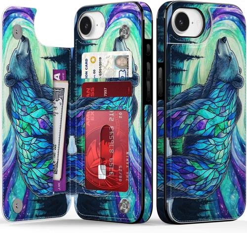 Vista 11 de FUNMIKO Funda tipo cartera para iPhone 13 con tarjetero, bloqueo RFID, protección de grado militar y obras de arte impresas con rayos UV, cierre