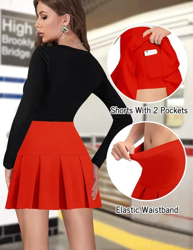 Vista 2 de High Waisted Pleated Skirts for Women Skater Tennis Skirt with Shorts Pockets Mini A-Line Skirt