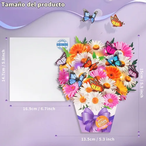 Vista 3 de APOTODITO Mini tarjetas de cumpleaños, tarjeta de regalo de cumpleaños con música y luz, ramo de flores tarjeta 3D con mariposas para mamá, mujer