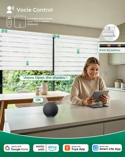 Vista 6 de Allesin Persianas motorizadas de cebra con control remoto, persianas eléctricas de doble capa con batería seca, persiana horizontal inteligente