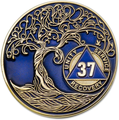 Vista 56 de 1 año Sobriety Mint Twisted Tree of Life Medallón de recuperación AA chapado en oro, chip/ficha - negro