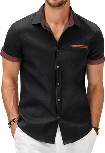 Vista 11 de COOFANDY Camisas casuales de manga corta de algodón con botones para hombre Verde militar