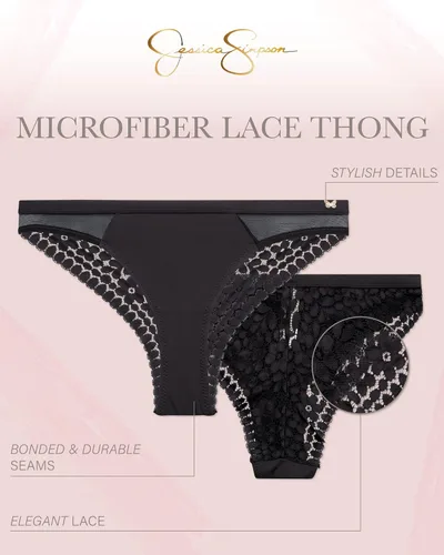 Vista 2 de Jessica Simpson Ropa interior para mujer - Paquete de 3 bragas Tanga de encaje de microfibra (S-XL)