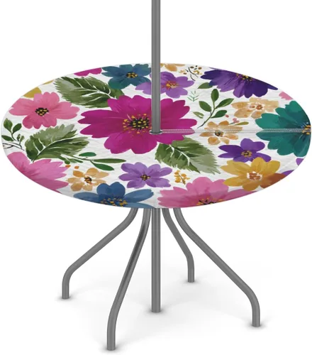 Vista 42 de Mantel redondo para exteriores con agujero para paraguas, mantel de temporada con margaritas para exteriores, con cremallera, impermeable, mantel