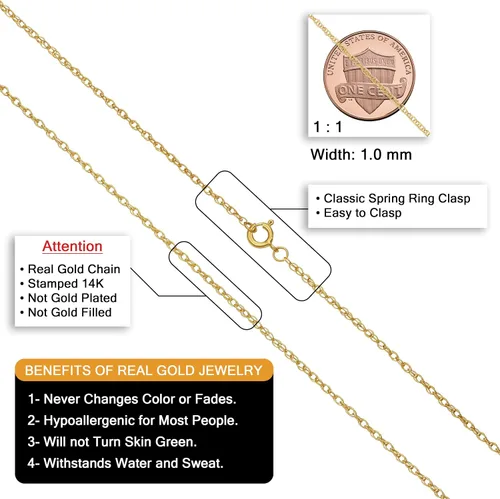 Vista 2 de Kooljewelry - Cadena de cuerda de oro amarillo auténtico de 14 quilates, para dije, collar para mujer (0.028, 0.035, 0.039, 0.051 o 0.059 pulgadas)