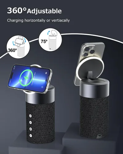 Vista 4 de COLSUR Altavoz Bluetooth, cargador inalámbrico magnético, altavoces Bluetooth con luz nocturna, estación de carga inalámbrica 2 en 1 para iPhone