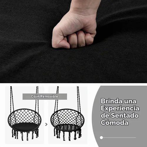 Vista 4 de Giantex - Silla hamaca de macramé con cojín y kit de herramientas, color negro Capacidad de peso de 330 libras, silla colgante