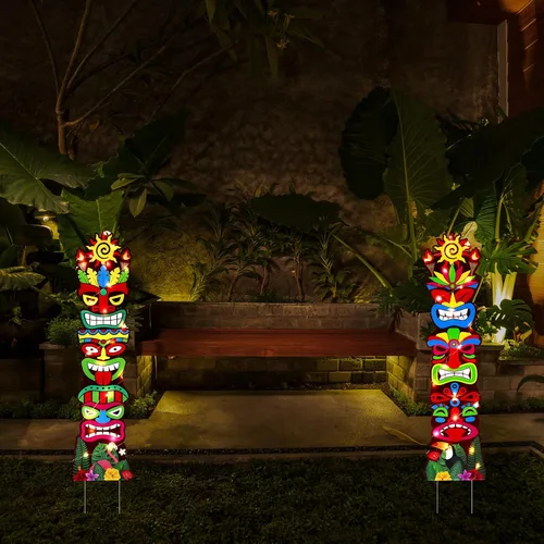 Vista 6 de Queekay 2 carteles de Tiki Yard Luau Hawaiian Tropical Party Decoración al aire libre Tiki Bar Letrero con estacas para verano (estilo iluminado)