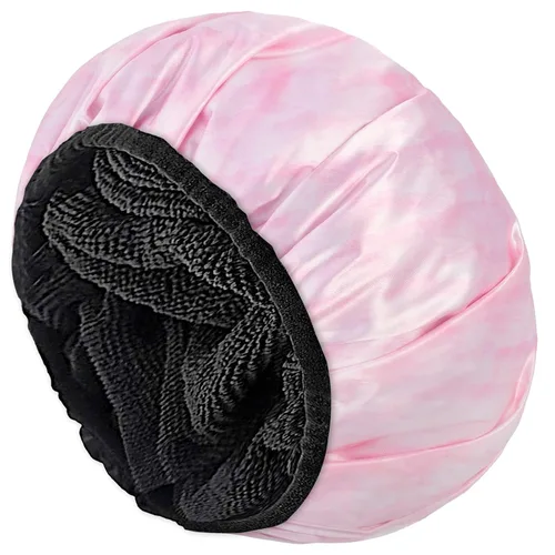 Vista 12 de Aquior Gorro de ducha con forro de rizo para mujer, reutilizable, triple capa impermeable, extra grande para mujeres de pelo largo (negro)