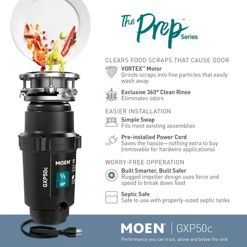 Vista 4 de Moen Prep Series PRO - Triturador de basura compacto de alimentación continua de 1/2 HP, cable de alimentación incluido, GXP50C y kit de conector
