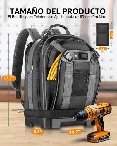 Vista 2 de Mochila de herramientas con compartimento para portátil, bolsa de herramientas completamente abierta, bolsas de herramientas HVAC, mochila