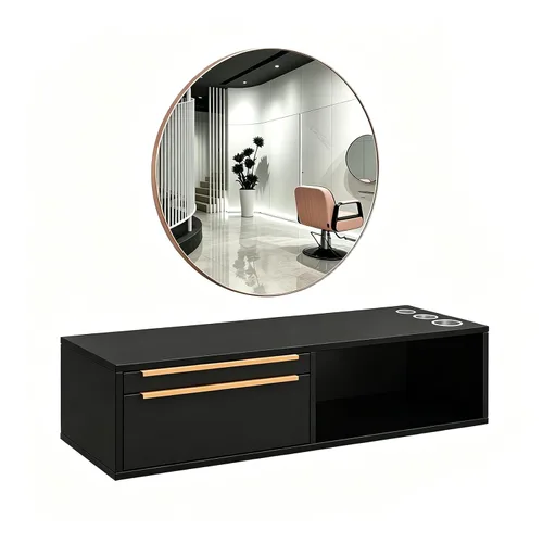 Vista 11 de OmySalon Estación de estilo de montaje en pared para estilista, equipo de peluquería de belleza, estación de gabinete de salón con cajones de Negro